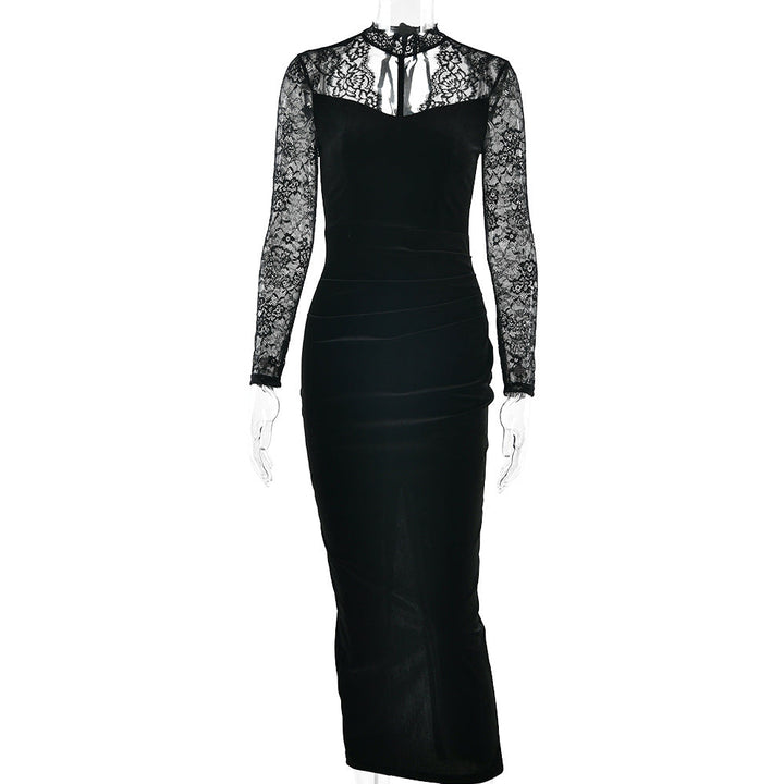 Lace long sleeve hollow out self tie slit midi dress  | Festival Outfits Women