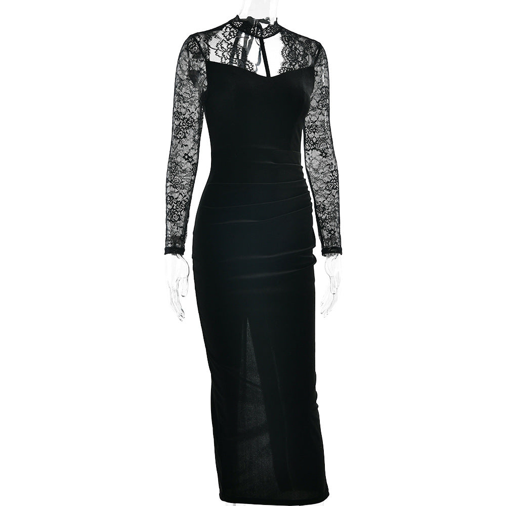 Lace long sleeve hollow out self tie slit midi dress  | Festival Outfits Women