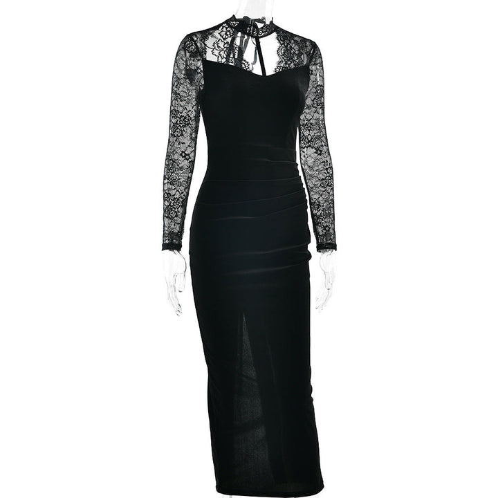 Lace long sleeve hollow out self tie slit midi dress  | Festival Outfits Women