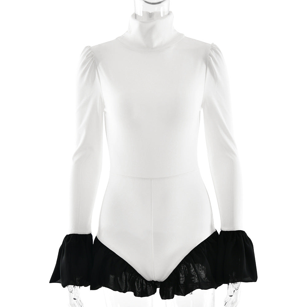 High neck long flared sleeve zip-up contrast romper  | Festival Outfits Women