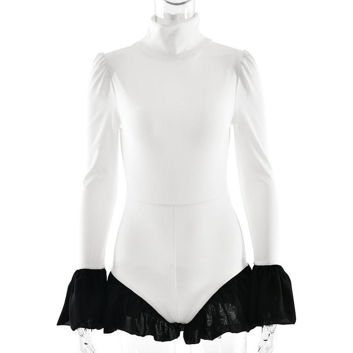 High neck long flared sleeve zip-up contrast romper  | Festival Outfits Women