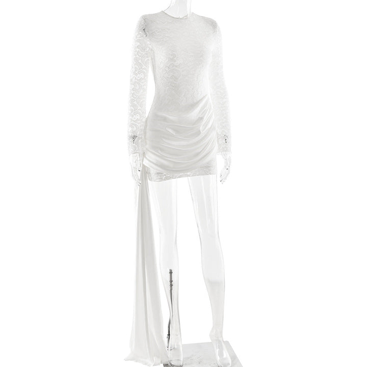 Crewneck long sleeve irregular ruched lace mini dress  | Festival Outfits Women