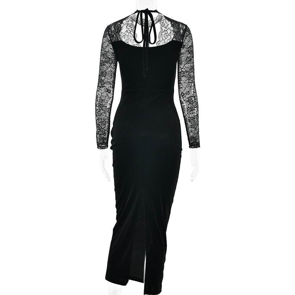 Lace long sleeve hollow out self tie slit midi dress  | Festival Outfits Women