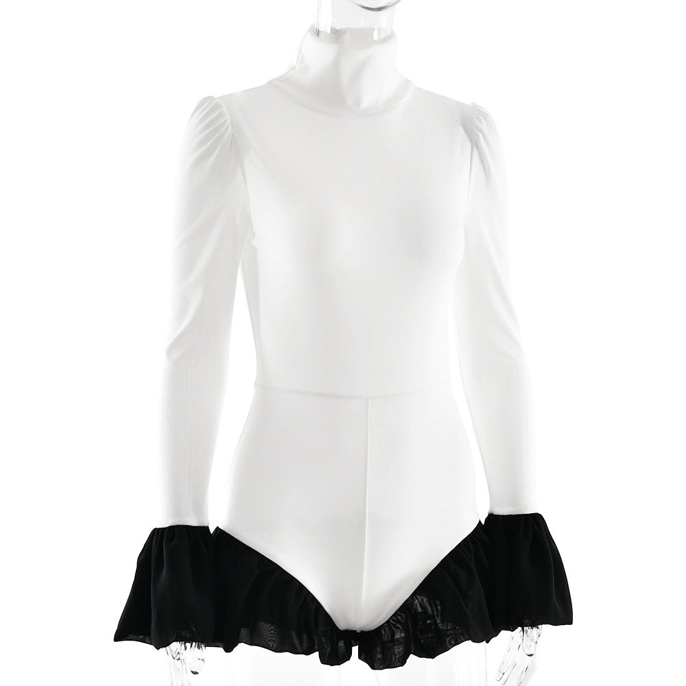 High neck long flared sleeve zip-up contrast romper  | Festival Outfits Women