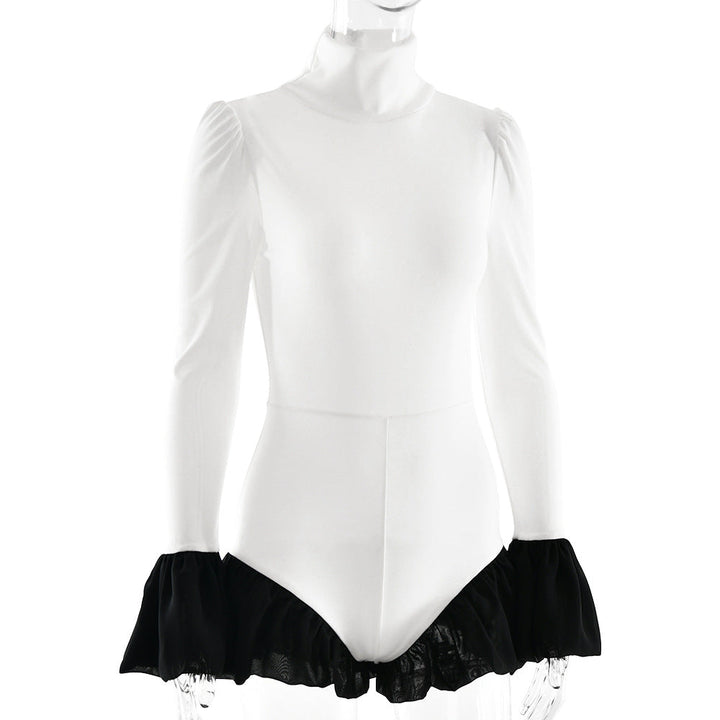 High neck long flared sleeve zip-up contrast romper  | Festival Outfits Women