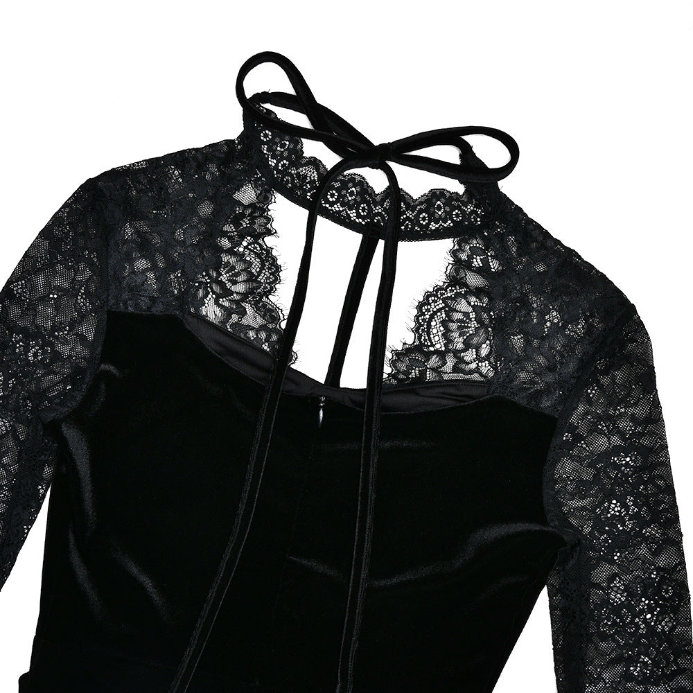 Lace long sleeve hollow out self tie slit midi dress  | Festival Outfits Women