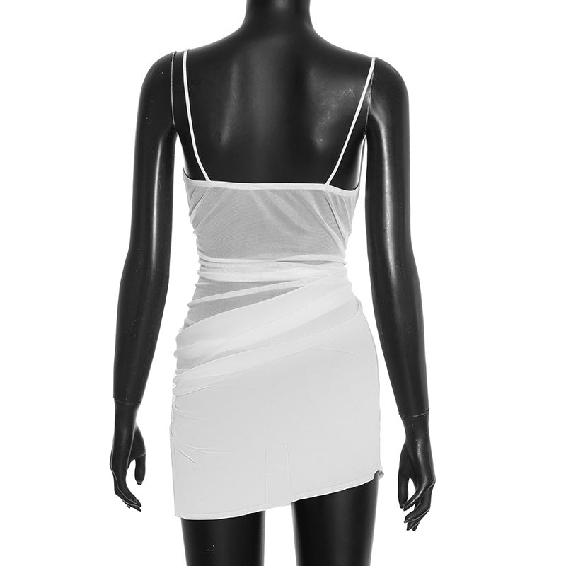 Irregular ruched chiffon backless cami mini dress  | Festival Outfits Women