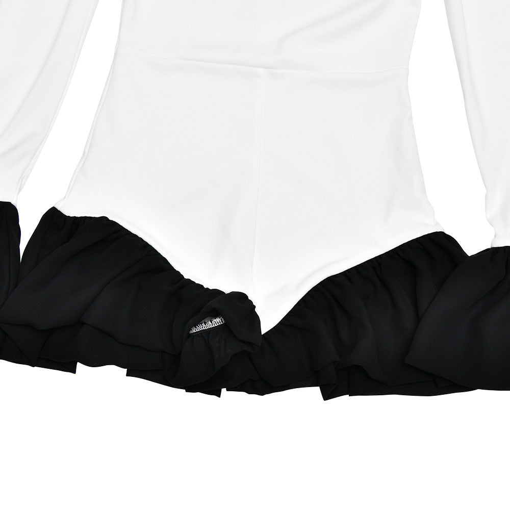 High neck long flared sleeve zip-up contrast romper  | Festival Outfits Women