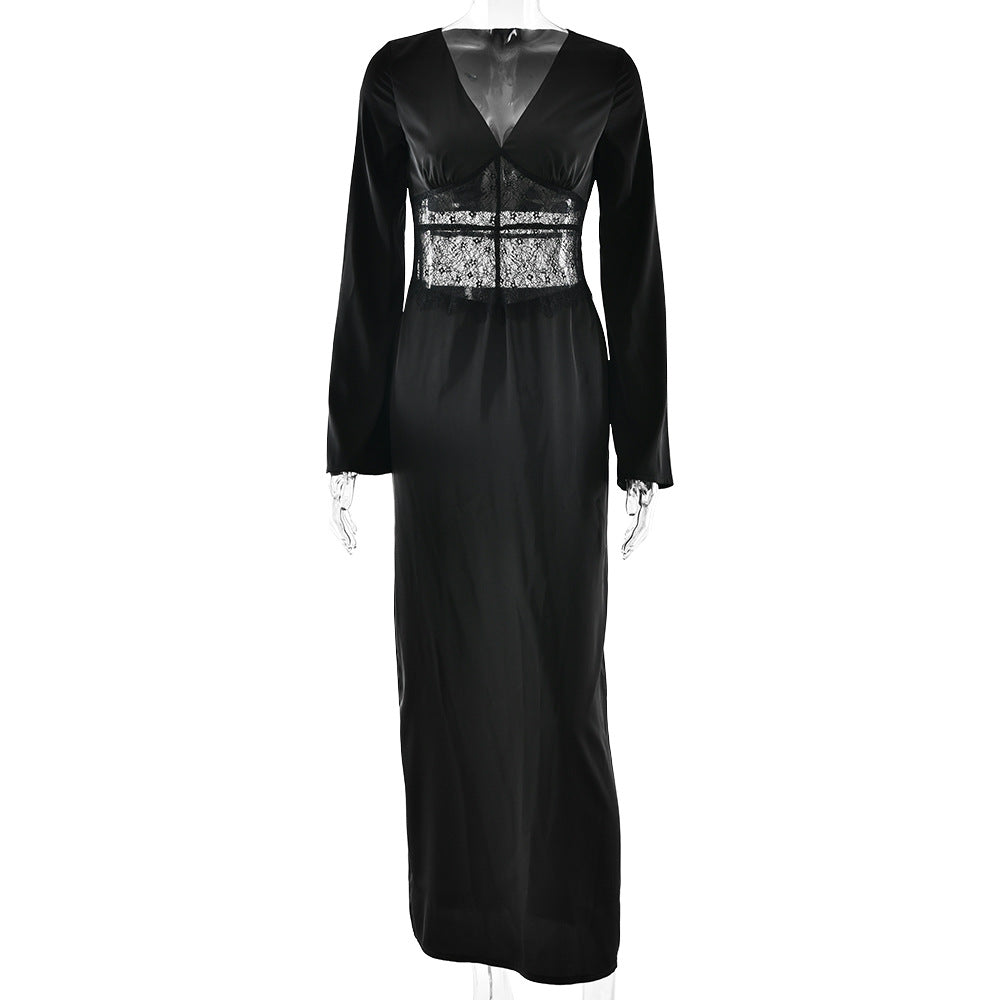 Long sleeve v neck lace satin zip-up maxi dress  | Festival Outfits Women