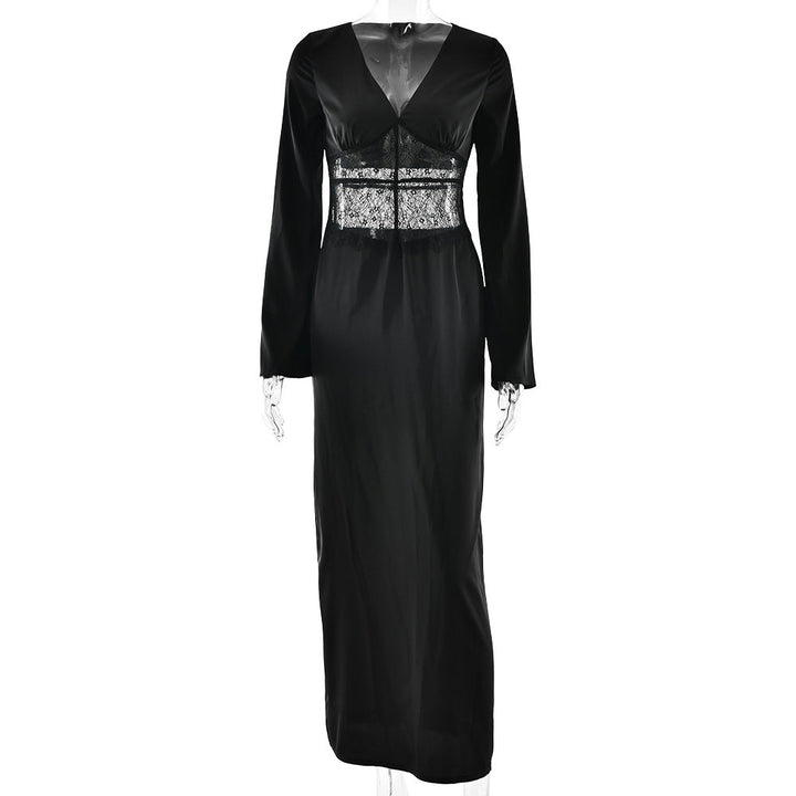 Long sleeve v neck lace satin zip-up maxi dress  | Festival Outfits Women