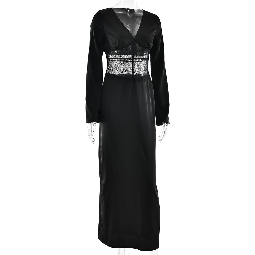 Long sleeve v neck lace satin zip-up maxi dress  | Festival Outfits Women