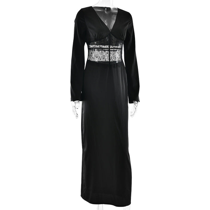 Long sleeve v neck lace satin zip-up maxi dress  | Festival Outfits Women
