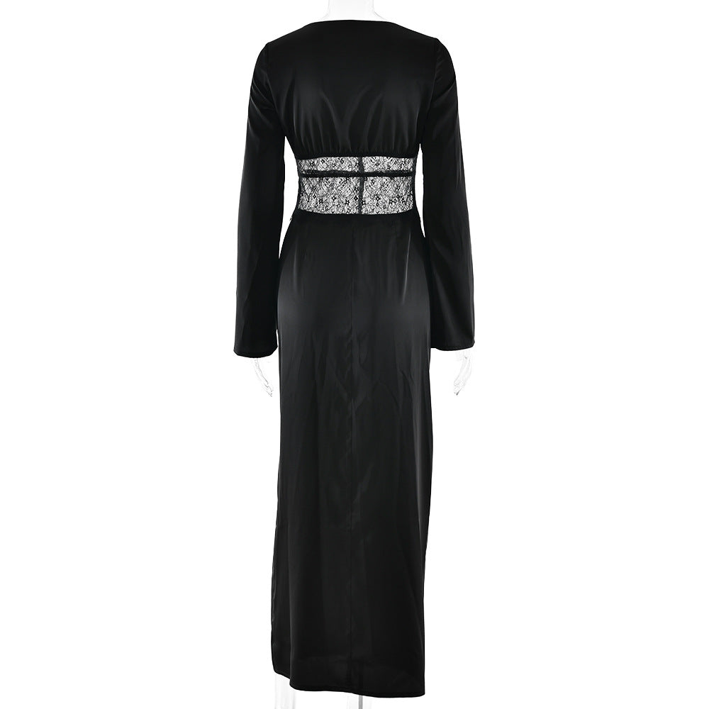 Long sleeve v neck lace satin zip-up maxi dress  | Festival Outfits Women