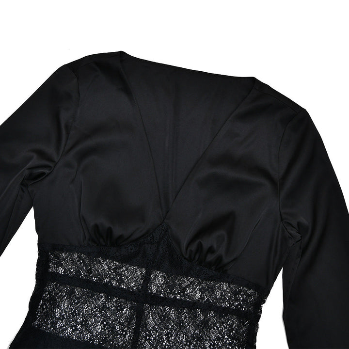 Long sleeve v neck lace satin zip-up maxi dress  | Festival Outfits Women