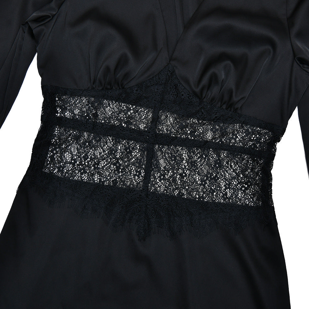 Long sleeve v neck lace satin zip-up maxi dress  | Festival Outfits Women