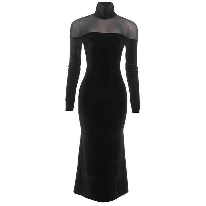 High neck long sleeve mesh velvet maxi dress  | Festival Outfits Women