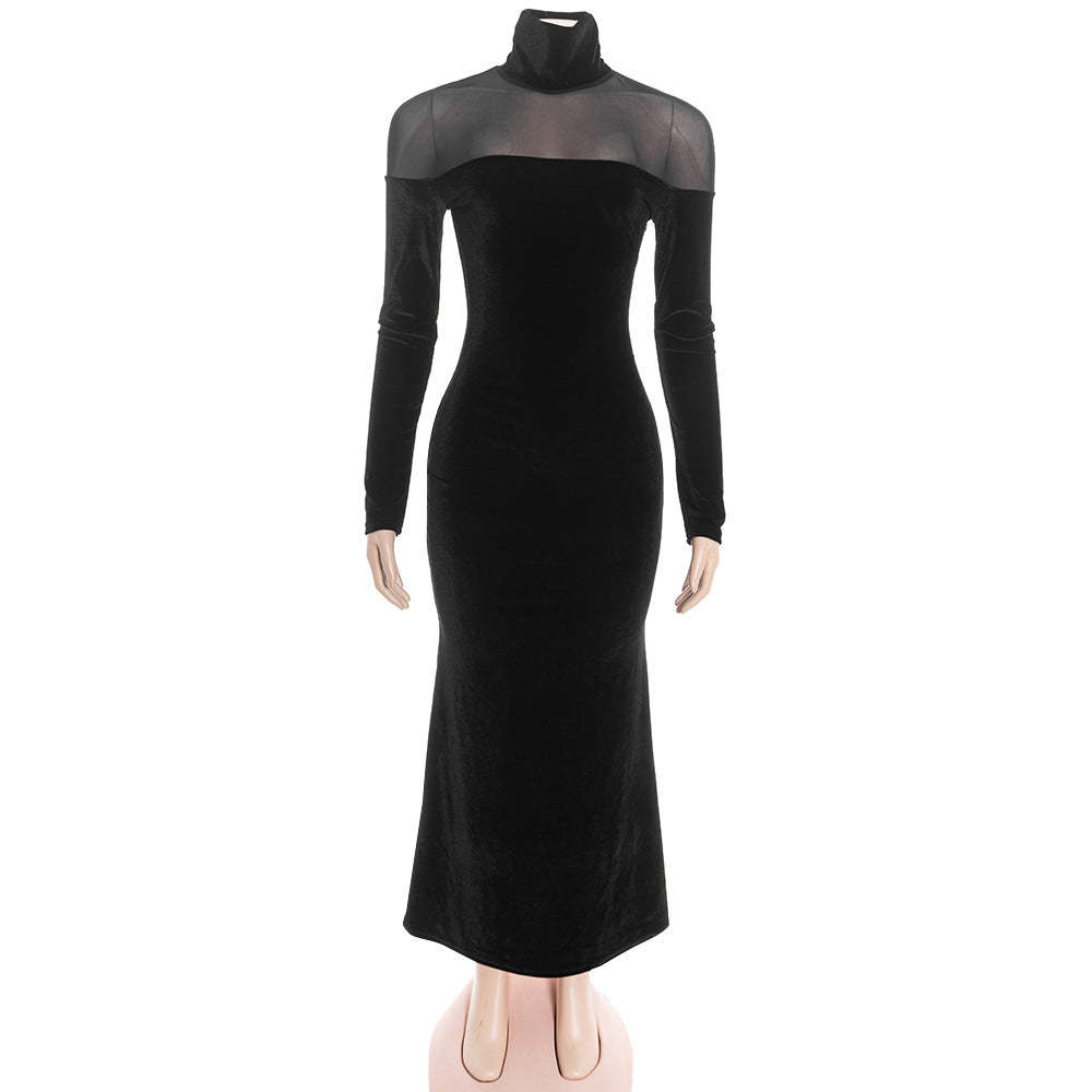 High neck long sleeve mesh velvet maxi dress  | Festival Outfits Women