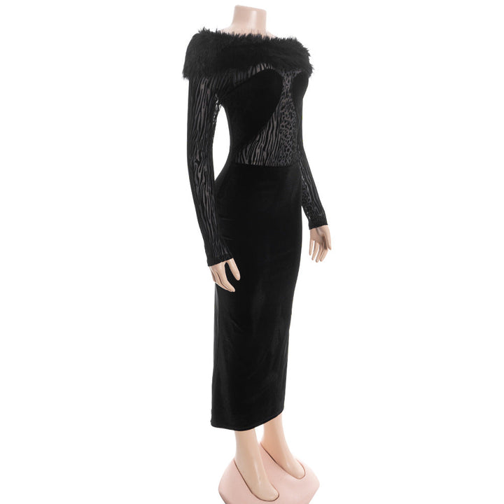 Long sleeve fluffy off shoulder slit midi dress  | Festival Outfits Women