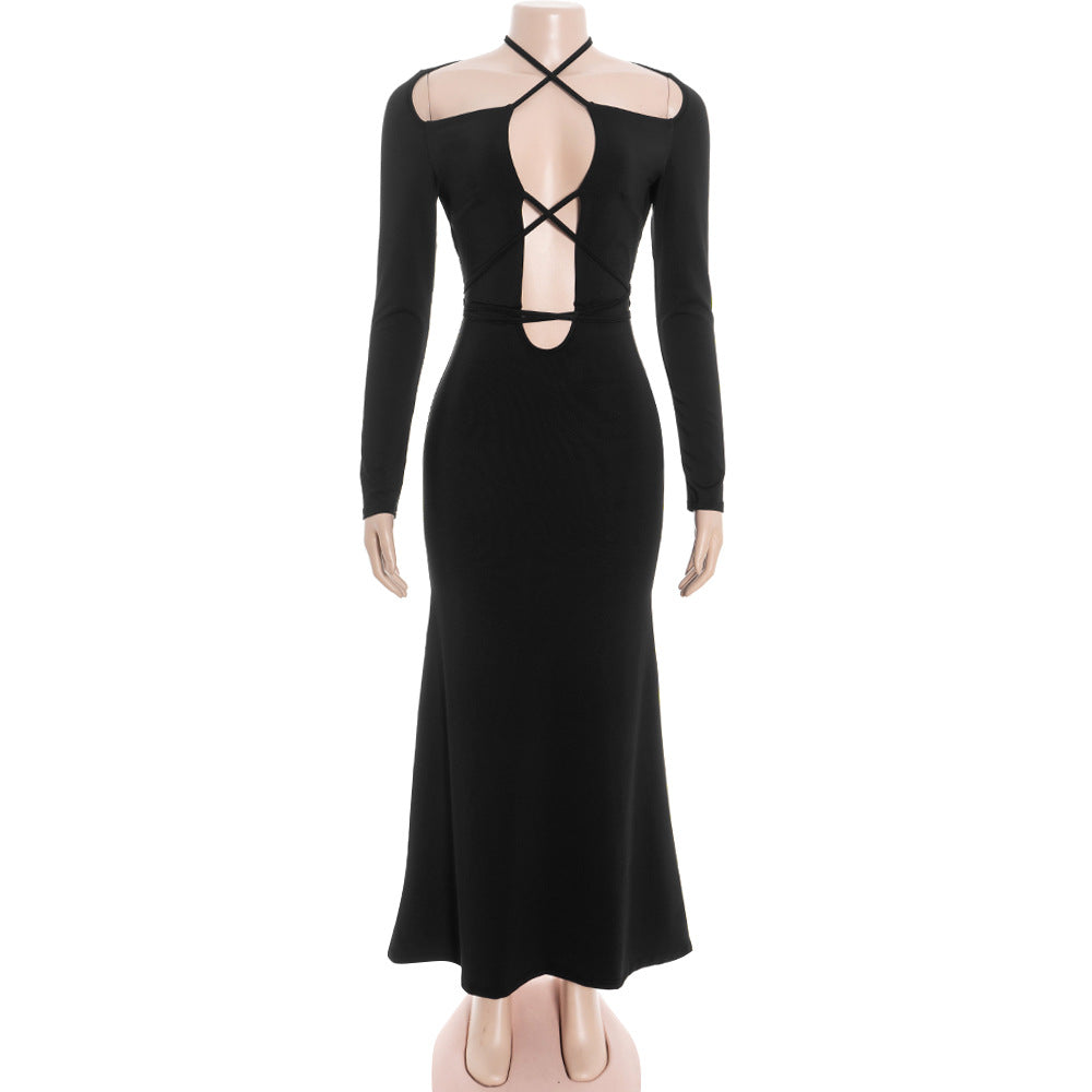 Cross front hollow out long sleeve self tie maxi dress  | Festival Outfits Women