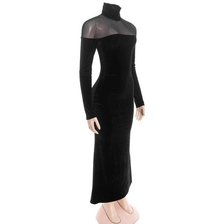 High neck long sleeve mesh velvet maxi dress  | Festival Outfits Women