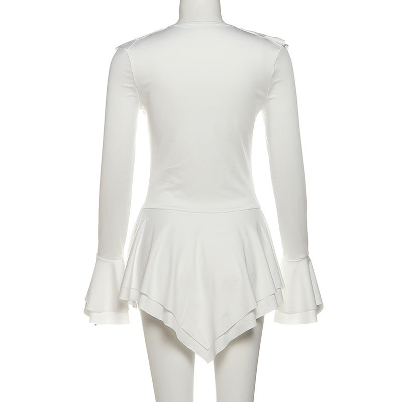 Long flared sleeve ruffle v neck self tie mini dress  | Festival Outfits Women