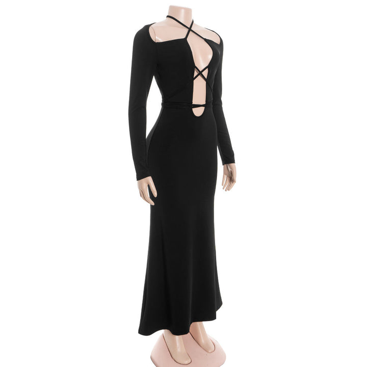 Cross front hollow out long sleeve self tie maxi dress  | Festival Outfits Women