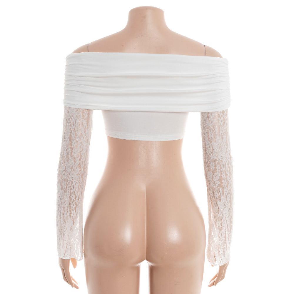 Off shoulder long sleeve lace solid crop top  | Festival Outfits Women