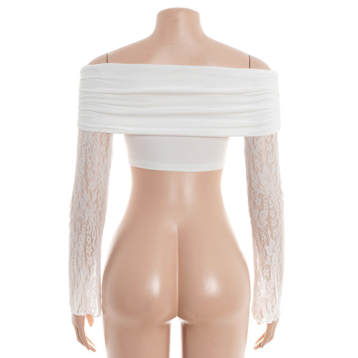 Off shoulder long sleeve lace solid crop top  | Festival Outfits Women