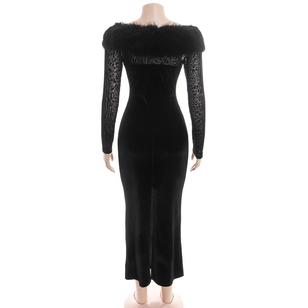 Long sleeve fluffy off shoulder slit midi dress  | Festival Outfits Women