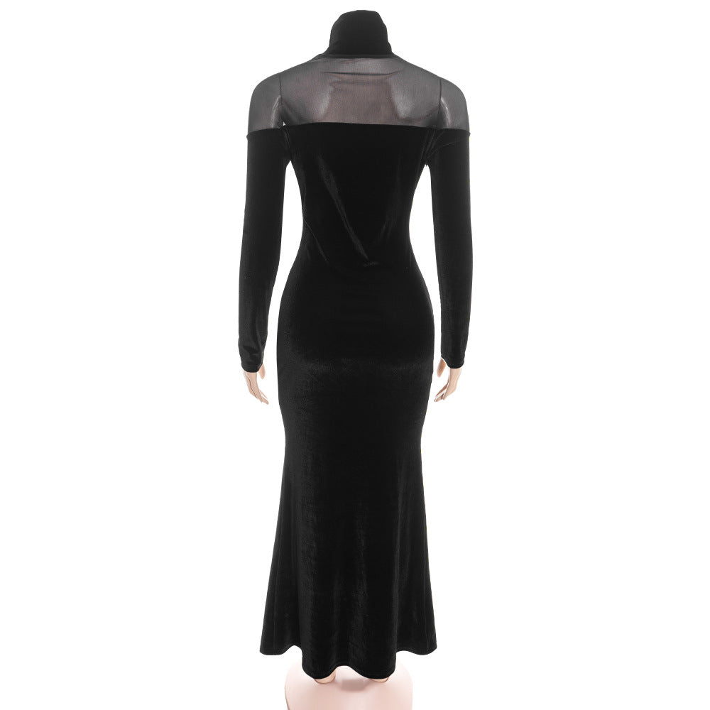 High neck long sleeve mesh velvet maxi dress  | Festival Outfits Women