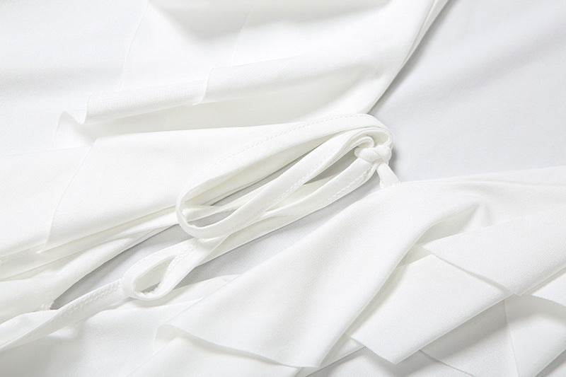 Long flared sleeve ruffle v neck self tie mini dress  | Festival Outfits Women