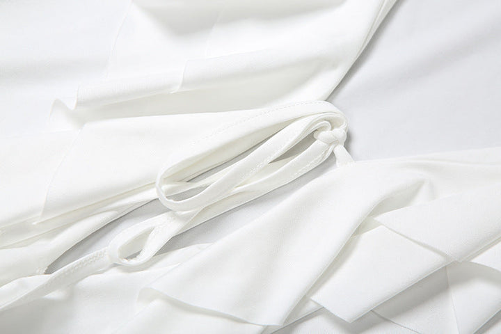 Long flared sleeve ruffle v neck self tie mini dress  | Festival Outfits Women