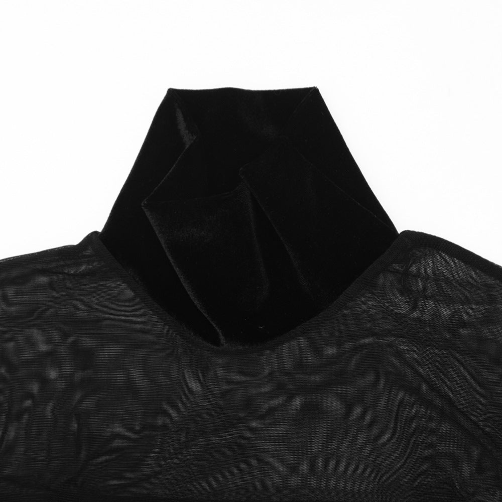 High neck long sleeve mesh velvet maxi dress  | Festival Outfits Women