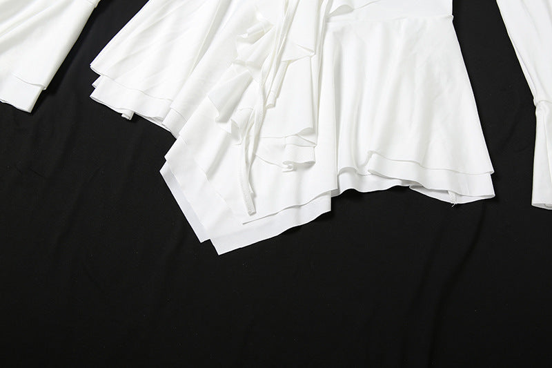 Long flared sleeve ruffle v neck self tie mini dress  | Festival Outfits Women