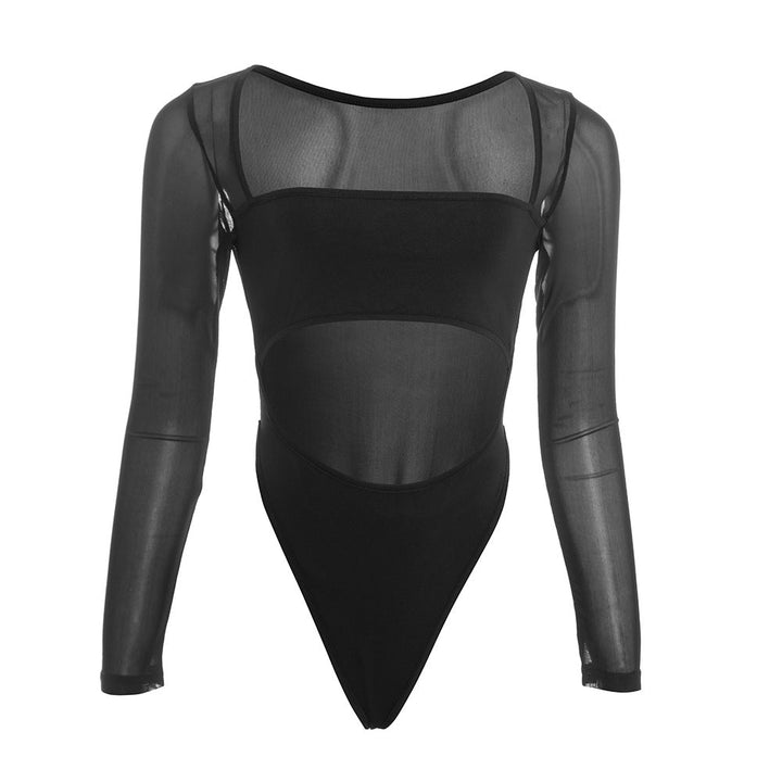 Mesh long sleeve button square neck hollow out bodysuit  | Festival Outfits Women