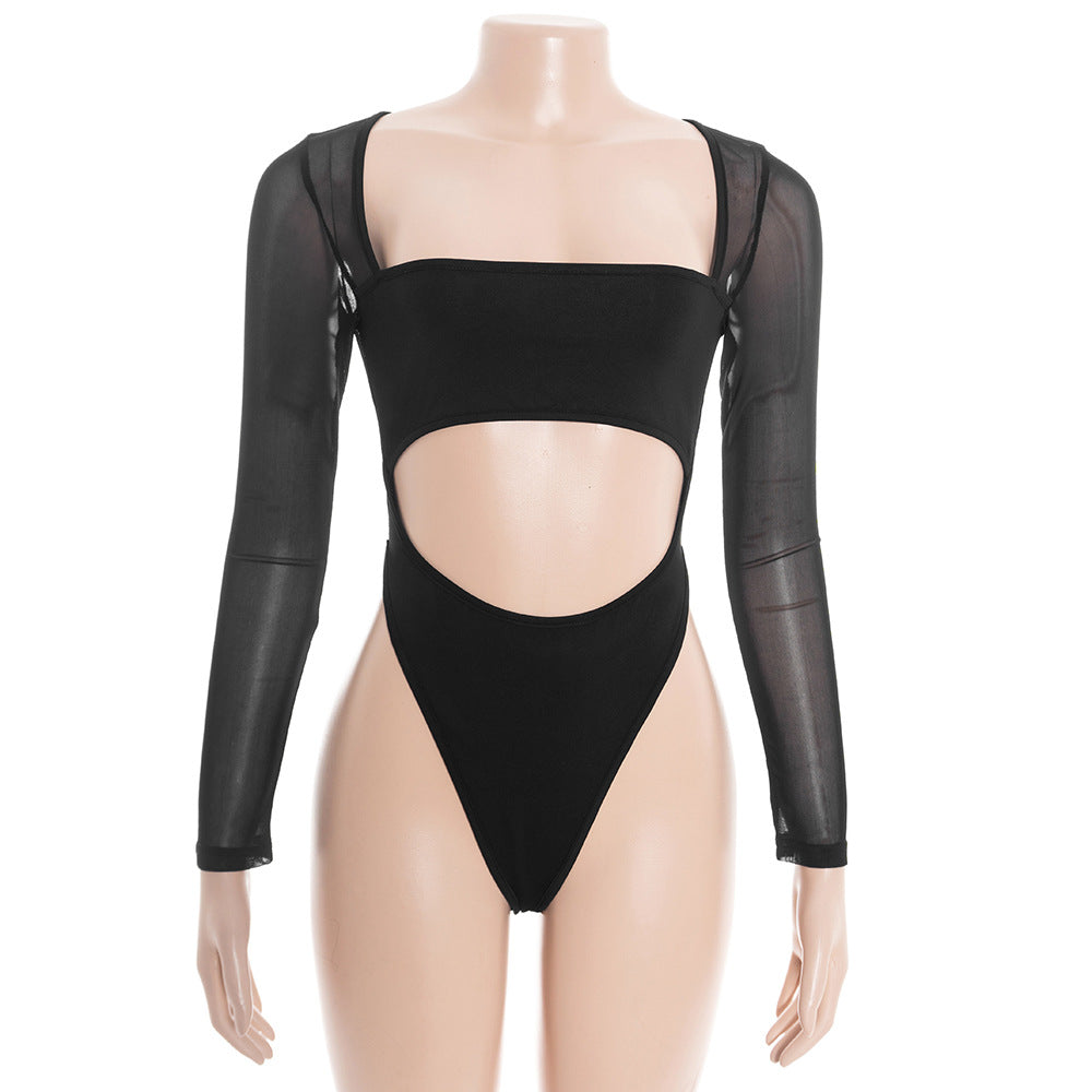 Mesh long sleeve button square neck hollow out bodysuit  | Festival Outfits Women