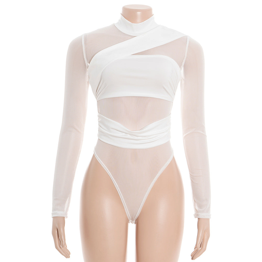 Long sleeve high neck mesh button bodysuit  | Festival Outfits Women