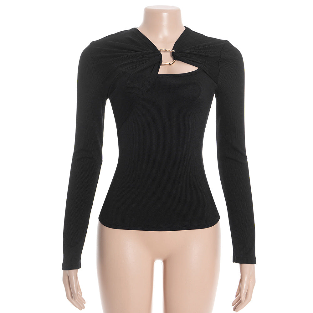 Ribbed long sleeve hollow out irregular top  | Festival Outfits Women