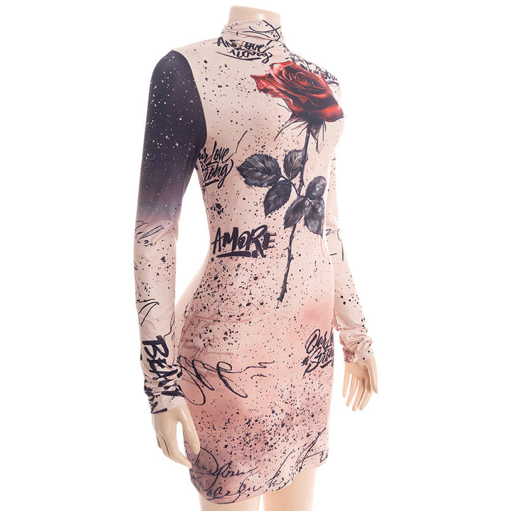 Long sleeve flower applique high neck mini dress  | Festival Outfits Women