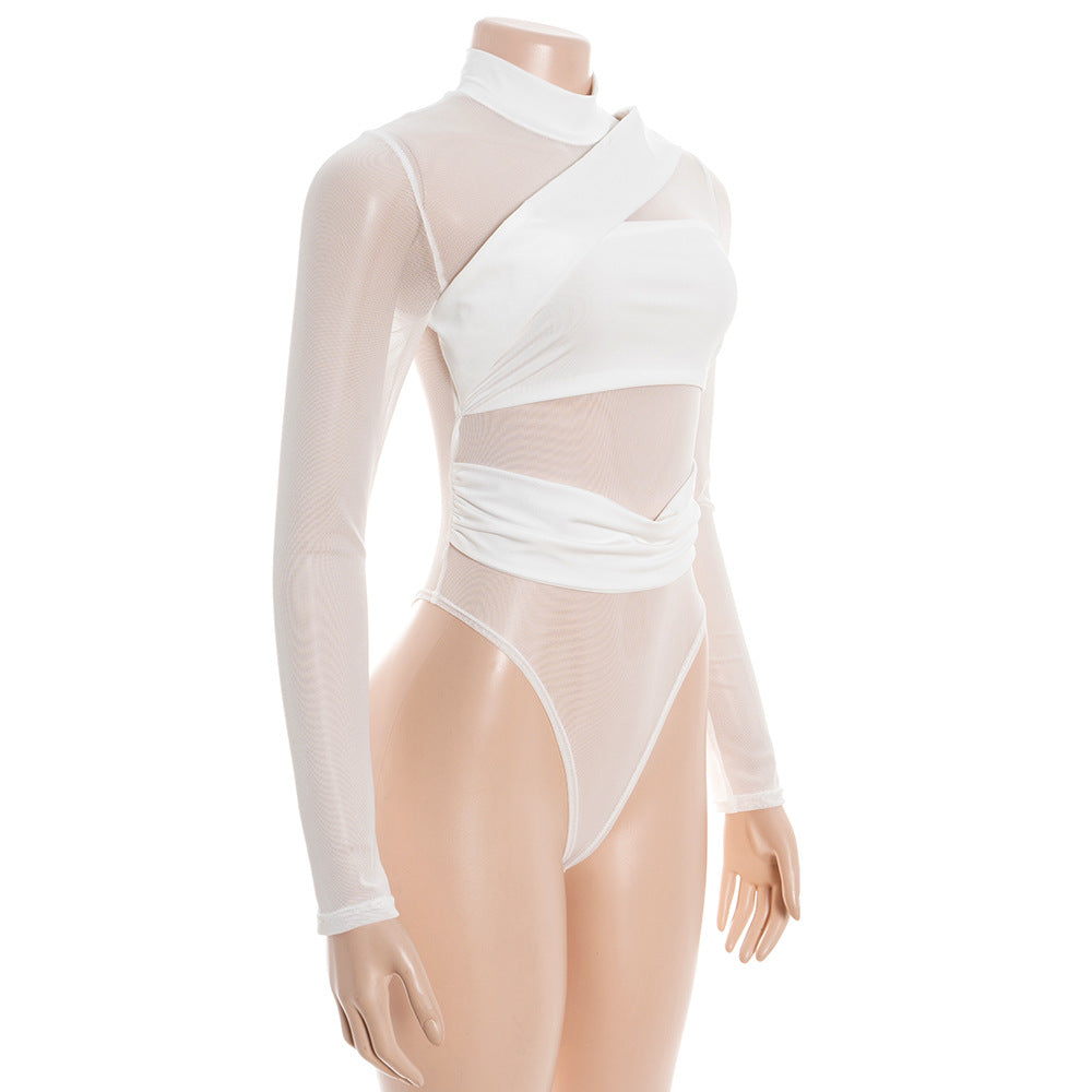 Long sleeve high neck mesh button bodysuit  | Festival Outfits Women