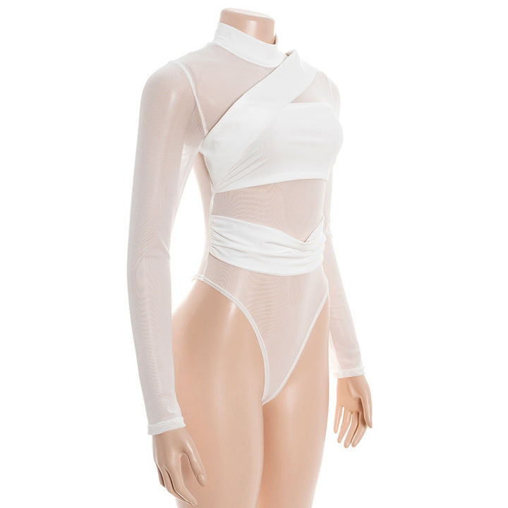 Long sleeve high neck mesh button bodysuit  | Festival Outfits Women