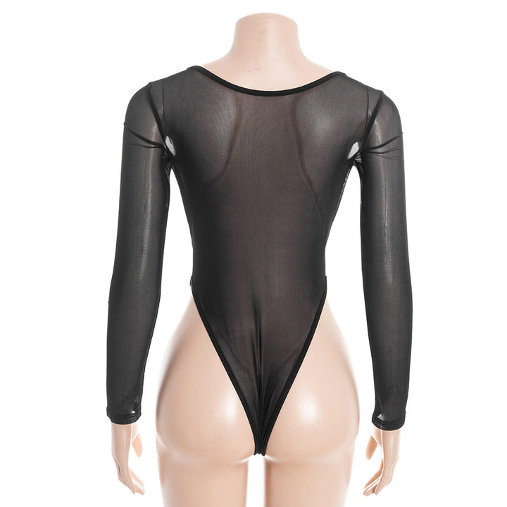 Mesh long sleeve button square neck hollow out bodysuit  | Festival Outfits Women