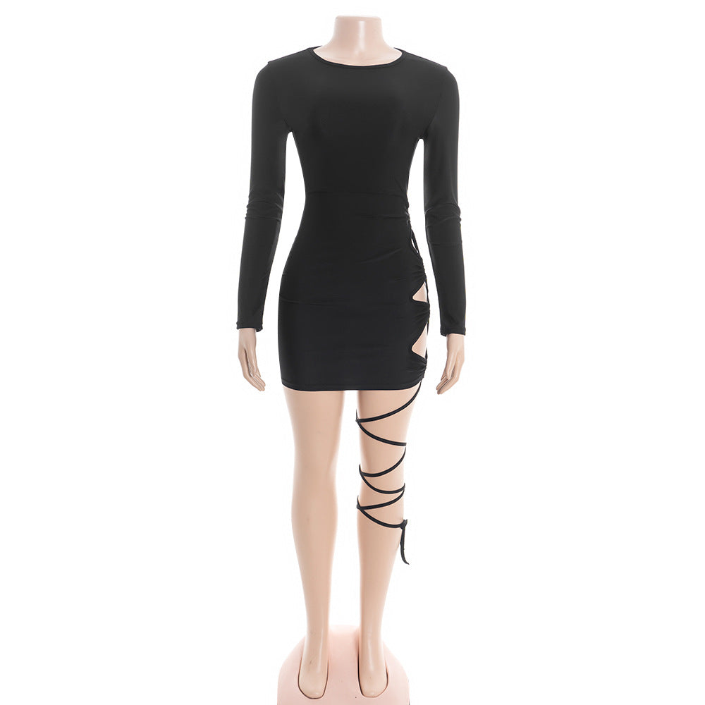 Long sleeve hollow out self tie crewneck mini dress  | Festival Outfits Women