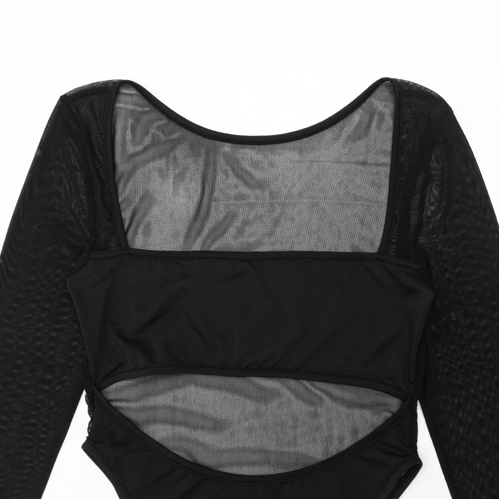 Mesh long sleeve button square neck hollow out bodysuit  | Festival Outfits Women