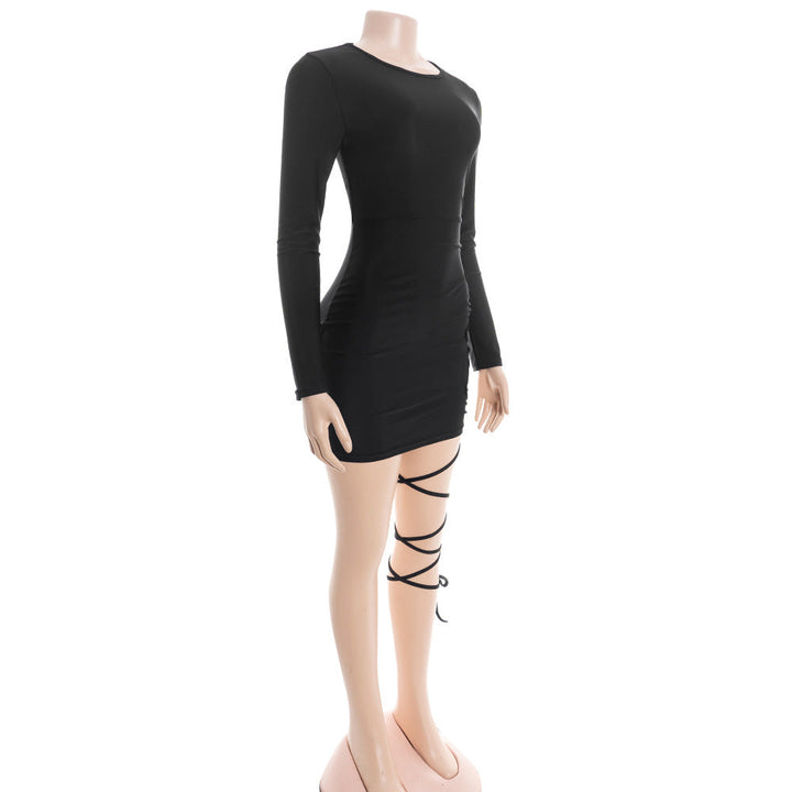 Long sleeve hollow out self tie crewneck mini dress  | Festival Outfits Women