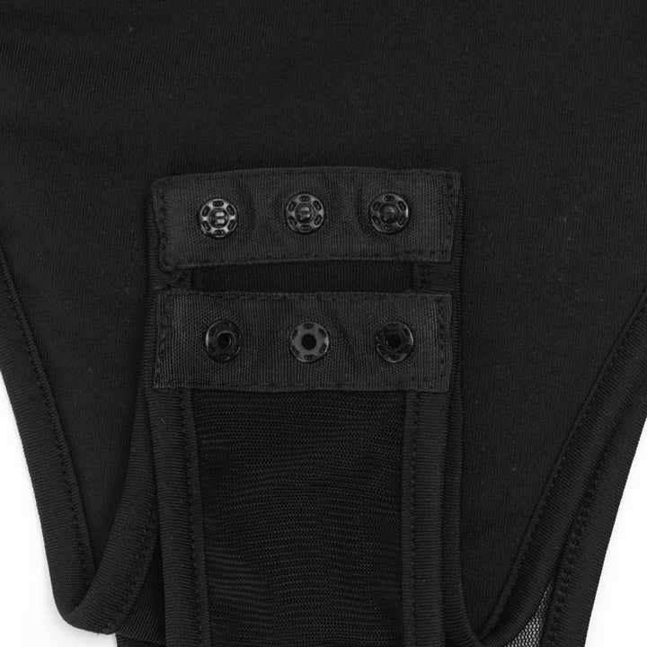 Mesh long sleeve button square neck hollow out bodysuit  | Festival Outfits Women