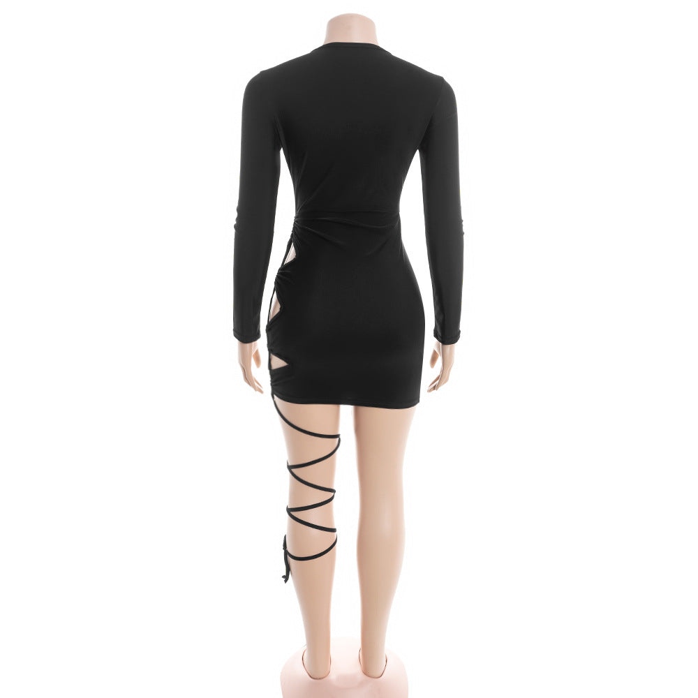 Long sleeve hollow out self tie crewneck mini dress  | Festival Outfits Women