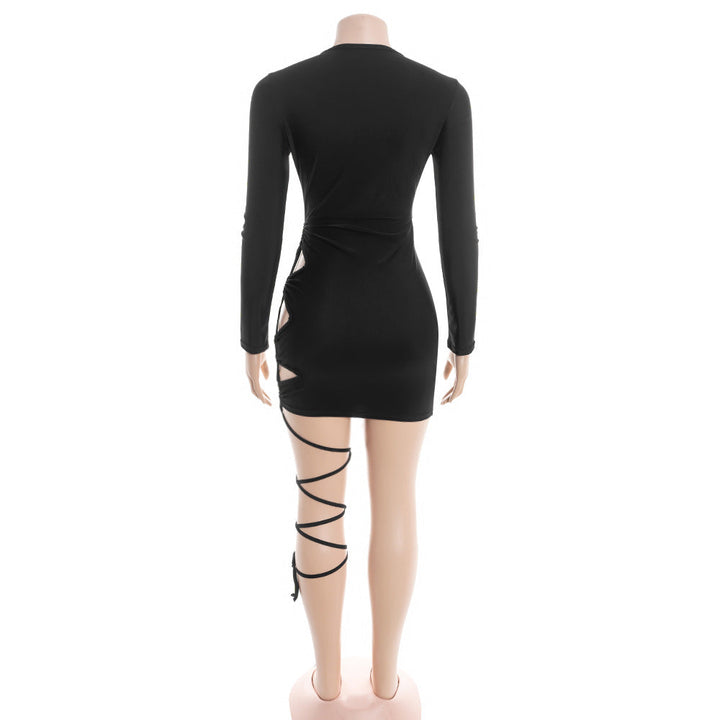 Long sleeve hollow out self tie crewneck mini dress  | Festival Outfits Women