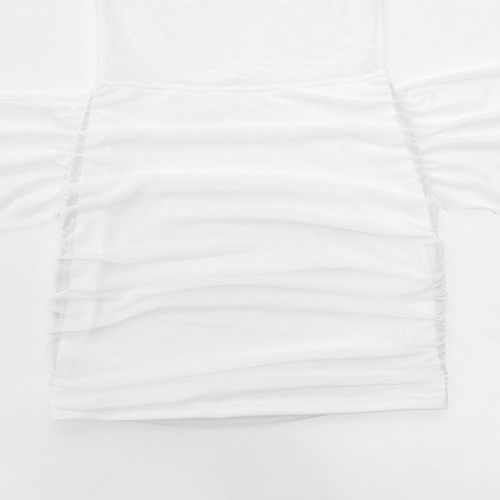 High neck button long sleeve mesh ruched mini dress  | Festival Outfits Women