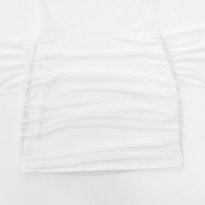 High neck button long sleeve mesh ruched mini dress  | Festival Outfits Women